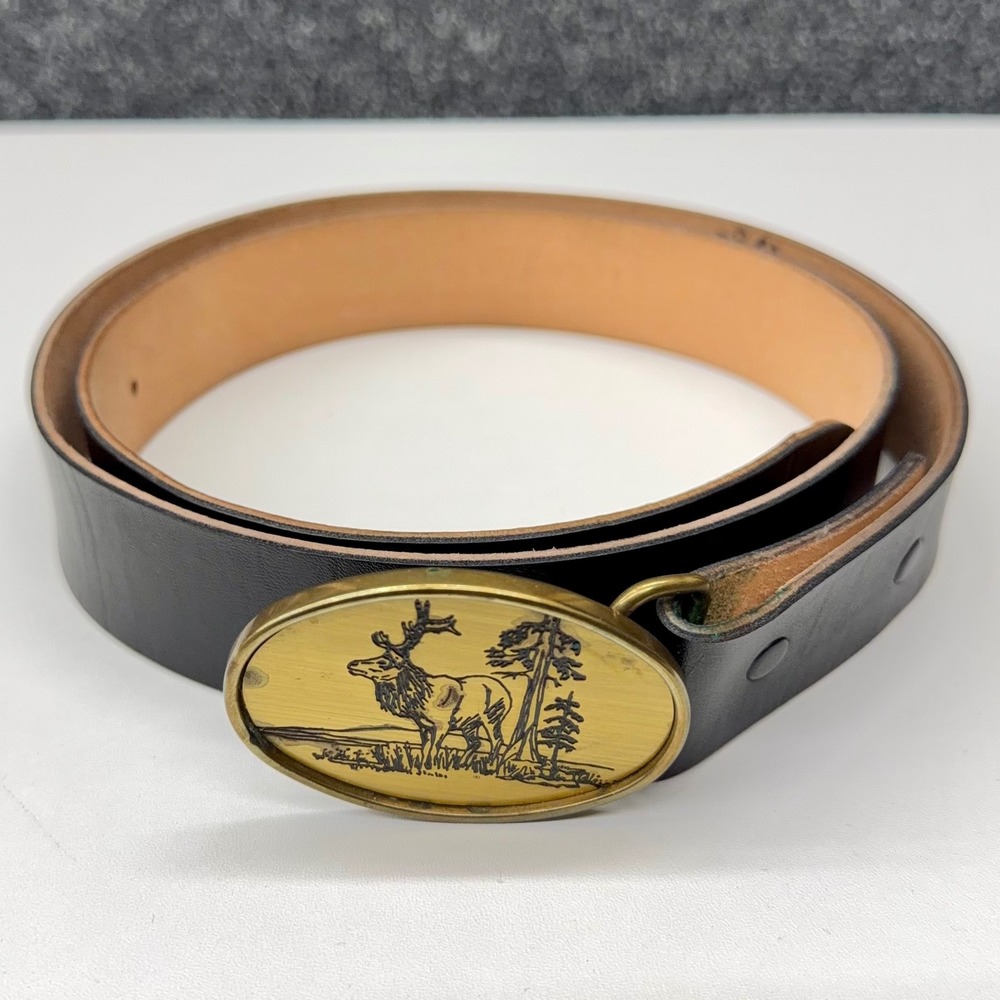 Vtg Oden Inc Solid Brass Elk Buckle Black Leather Belt Mens 36-40 Made in‎ USA
